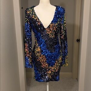 NWT L'ATISTE Multicolor Sequin Long Sleeve Dress
